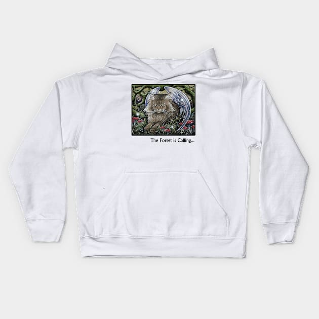 Cat Forest Spirit -The Forest is Calling - Black Outlined Version Kids Hoodie by Nat Ewert Art